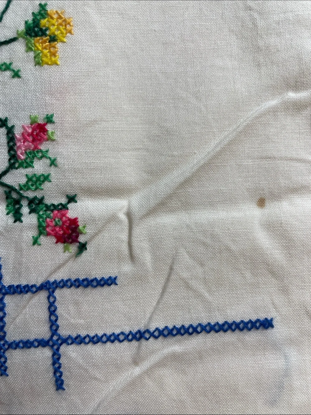 Handmade Cross-stitched Floral White Tablecloth with Crochet Trim Vintage